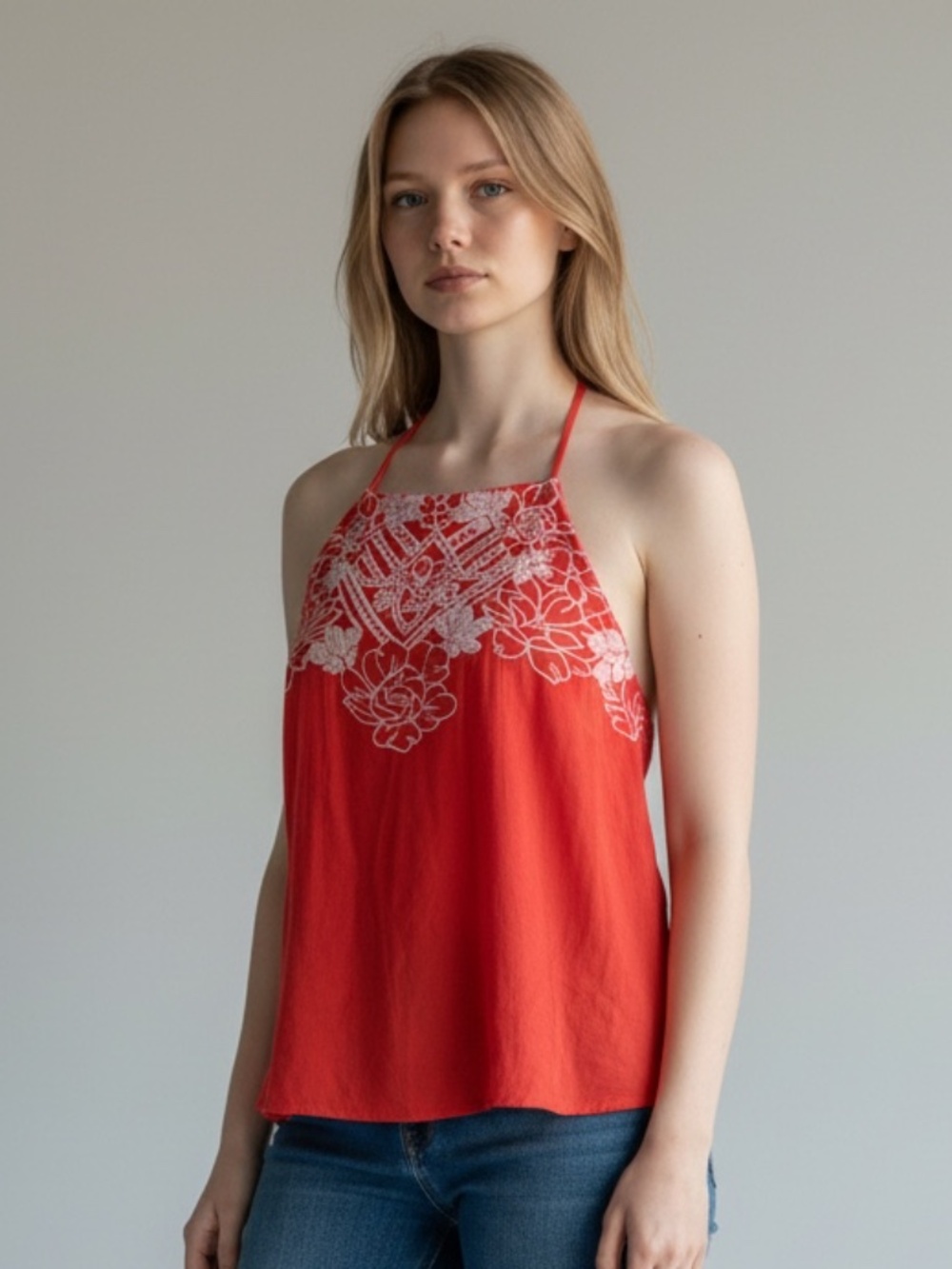 Love on a Hanger Embroidered Halter Tank Top Melon Coral Boho Size Small